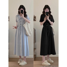 批发实拍 <b class='q'>大码</b>女装新款时尚气质v领简约系带抽绳工装连衣裙