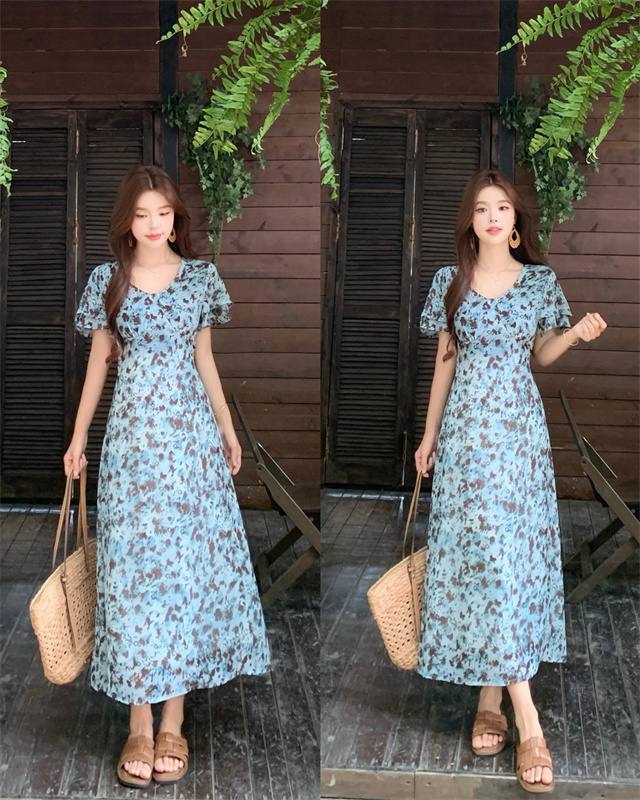 실사 빅 사이즈 여성 의류 패션 품격 V넥 프랑스식 외국 가스 작은 날다 소매 다용도 꽃무늬 몸매 가꾸기 드레스