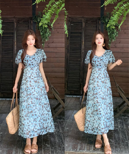 실사 빅 사이즈 여성 의류 패션 품격 V넥 프랑스식 외국 가스 작은 날다 소매 다용도 꽃무늬 몸매 가꾸기 드레스