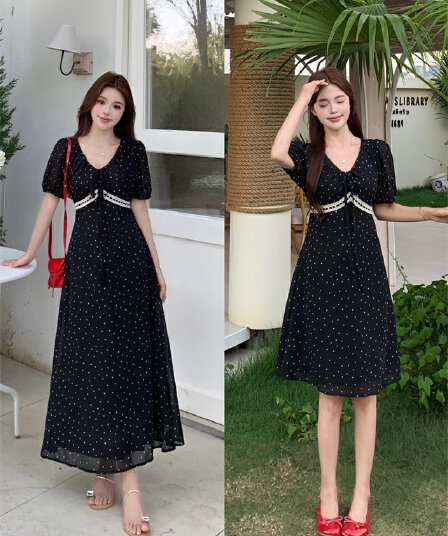 실사 빅 사이즈 여성 의류 새로운 지방 mm 품격 허리 수축 쉬폰 도트 무늬 작은 검은 드레스