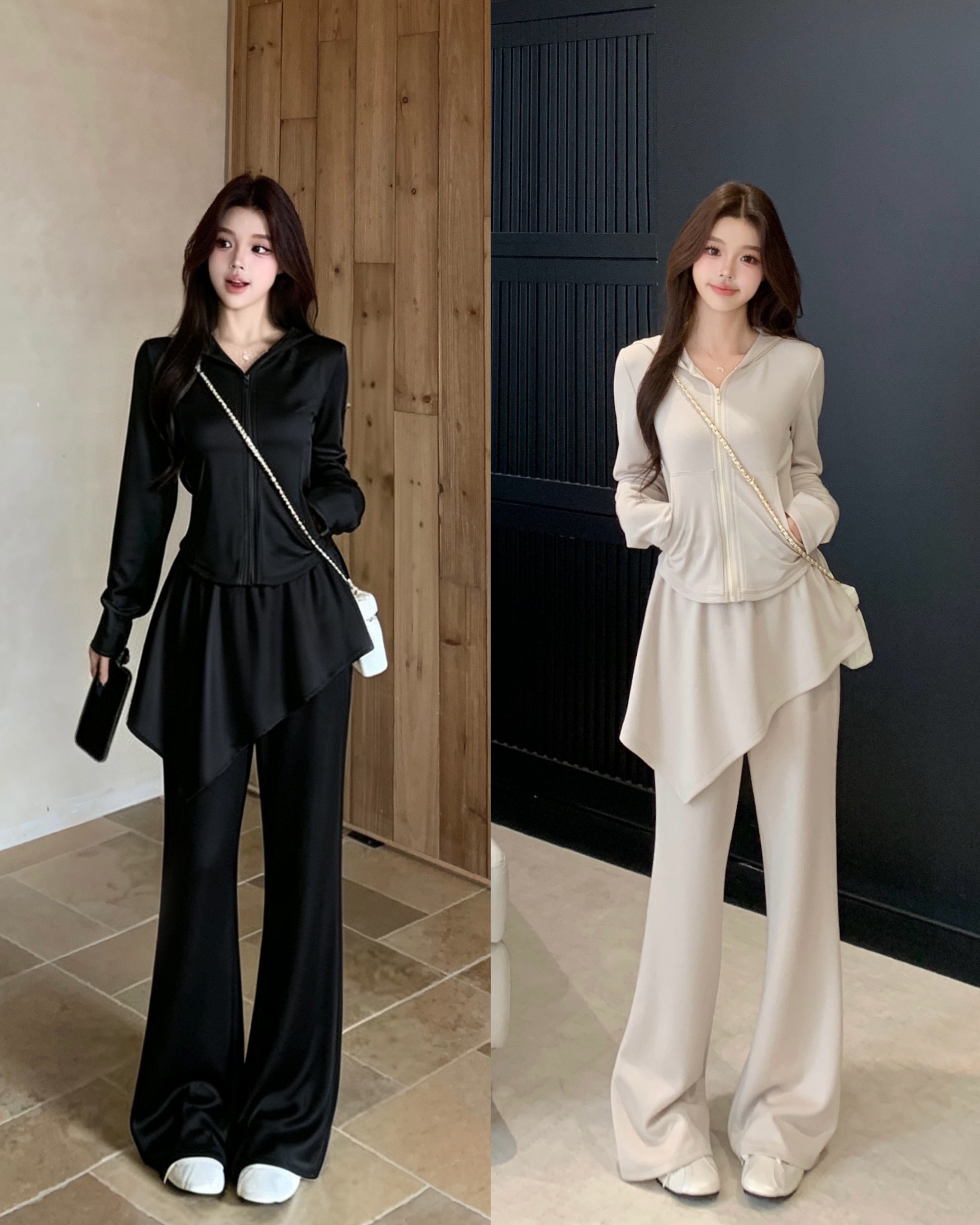 大码女装时尚气质百搭连帽拉链外套屁帘微喇裤两件套 服裝批發女裝批發服飾貨源