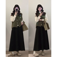 批发实拍 大码女装时尚气质秋<b class='q'>冬</b>叠穿新款百搭毛衣马甲+衬衣+半身裙