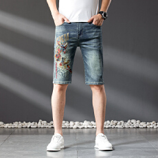 批发2026年夏季微弹五分重工刺绣国风高品质水洗潮流百搭牛仔裤