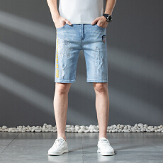 批发高品国风重工立体绣花老虎头怀旧浅蓝合体直筒五分微弹百搭牛仔裤