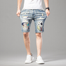 批发高品质破洞贴布立体绣花棉弹五分怀旧蓝五分牛仔裤