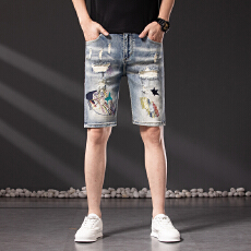 批发高品质绣花贴布破洞牛仔五分裤