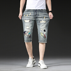 批发高品质棉弹男装7分牛仔裤破洞贴布潮流百搭经典款