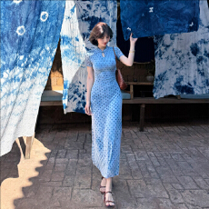 批发新中式国风蕾英俊【松涧照】复古波点改良旗袍裙<b class='q'>夏</b>收腰水滴领长裙