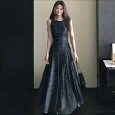 1只衮1Z1ZGUN 格调的艺术感 复古感格纹网纱连衣裙女垂感气质长裙