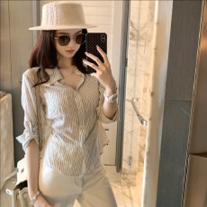 famouswang春季新款高智老钱清爽感薄款条纹衬衫上衣女小个子