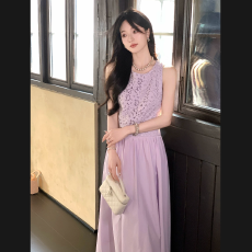 批发夏诗文 法式蕾丝镂空无袖<b class='q'>上衣</b>/莱赛尔高腰A字大<b class='q'>裙摆</b>半身裙女春夏