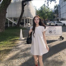 批发neurcz短袖娃娃领直筒连衣裙女春夏92棉<b class='q'>显瘦</b>宽松泡泡袖白色裙子装