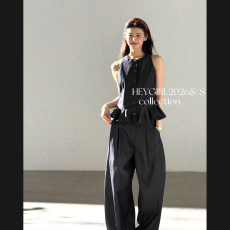 批发HEYGIRL黑哥 妮味outfit 荷叶边无袖衬衫<b class='q'>背心</b>马甲上衣阔腿裤套装