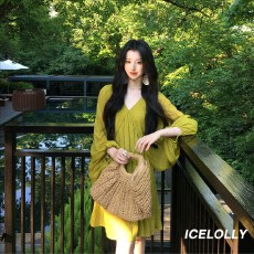 批发ICELOLLY新中式国风V领宽松波点度假连衣裙女夏小个子千金风裙子