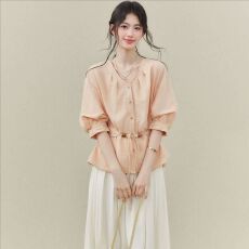 批发欧阳喜《温柔束腰》粉色V领短袖衬衫女夏系带收腰七分袖衬衣上衣