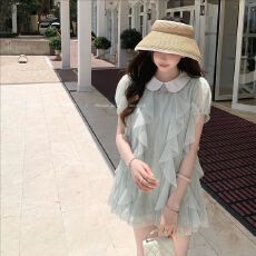 批发甜水仙 葡萄小天使 甜美风娃娃领<b class='q'>连衣裙</b>女夏减龄短袖收腰显瘦裙子