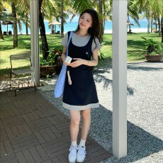 批发火火火垦丁夏日80%莱赛尔韩版短袖<b class='q'>连衣裙</b>女假两件百搭t恤长裙