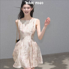 批发OAKMOO粉色的雾千金亚麻薄纱碎花<b class='q'>背心</b>连衣裙掐腰<b class='q'>棉麻</b>花苞裙子