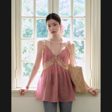 批发且可ChillCozy 海棠醉 清凉夏日苎麻天丝拼蕾丝<b class='q'>收腰</b>V领吊带上衣女