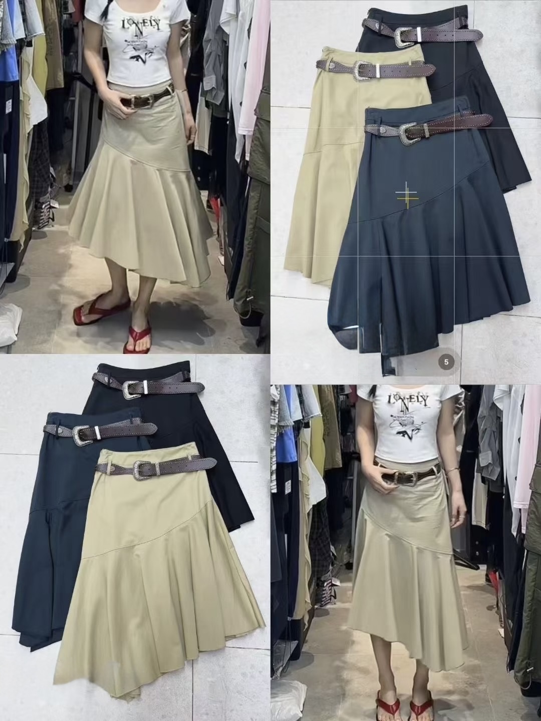 FA35474# 辣妹高街卡其不规则鱼尾半身裙女夏配皮带显瘦小众百搭a字中长裙 服裝批發女裝批發服飾貨源