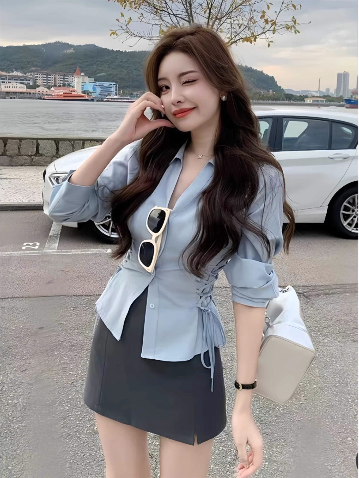 FA36912# 欧货设计感系带收腰长袖衬衫女春季简约气质时尚翻领百搭上衣 服裝批發女裝批發服飾貨源