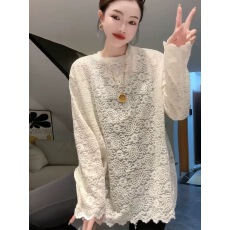 批发大码微胖MM圆领<b class='q'>长袖</b>开叉蕾丝提花打底衫上衣女秋冬宽松百搭<b class='q'>雪纺衫</b>