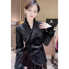 批发2025年新中式交叉丝绒拼接加绒兔毛上衣秋冬气质<b class='q'>中国风</b>上衣