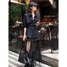 批发复古休闲高级感套装女<b class='q'>条纹</b>衬衫百褶网纱<b class='q'>裙</b>两件套2025早秋新款女装