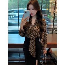 批发高级感<b class='q'>长袖</b>豹纹雪纺V领飘带<b class='q'>衬衫女</b>秋季新款复古气质纯欲辣妹上衣