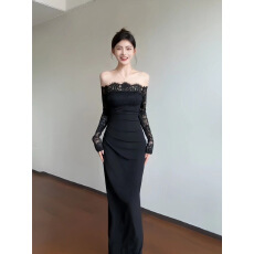 批发纯欲蕾丝拼接褶皱一字肩黑色<b class='q'>礼服</b><b class='q'>裙</b>女秋冬季新款修身长袖包臀长<b class='q'>裙</b>