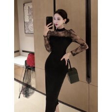 批发黑色宴会轻<b class='q'>礼服</b>赫本风气质修身正式场合蕾丝性感包臀连衣<b class='q'>裙</b>女