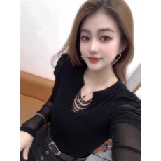 批发法式重工串珠纱网长袖T恤<b class='q'>打底衫</b>女秋季新款修身显瘦百搭洋气上衣