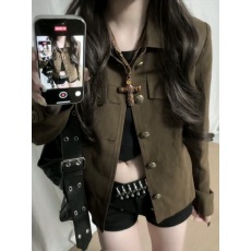 批发东京故事 2025<b class='q'>秋</b>季新款复古风酷拽设计感棕色外套翻领工装风夹克