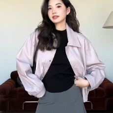 批发紫色PU皮翻领夹克外套女<b class='q'>秋</b>季2025新款高级感美式棒球服短款上衣