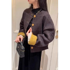 批发韩系圆领复古千鸟格高级感短款撞色毛呢外套女小个子呢子大衣夹克