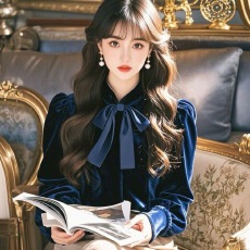 批发高级感独特超好看法式气质长袖宝蓝色蝴蝶结<b class='q'>衬衫</b>上衣