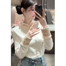 批发新中式国风衬衫女2024年秋冬立领加绒加厚长袖保暖上衣外穿打底衫