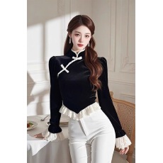 批发新中式女装国风黑色丝绒上衣2024冬季小众设计法式绝美内搭打底衫