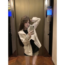 米白色麂皮绒夹克外套女春秋季款甜酷机车风休闲百搭开衫工装上衣