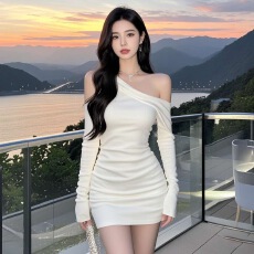 性感斜领露肩长袖气质连衣裙装秋季纯欲风设计感修身显瘦包臀短裙