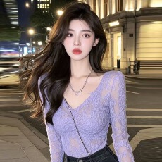 纯欲V领蕾丝微透打底2025新款气质名媛内搭衬衫女绝美显身材上衣
