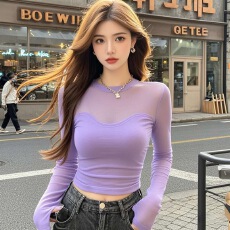 批发紫色圆领长袖网纱短款上衣女春季修身显瘦名媛千金气质<b class='q'>高级</b>感衬衫