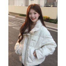 ins甜美羊羔毛拼接波点棉服女学生冬季新款宽松加厚保暖棉衣外套