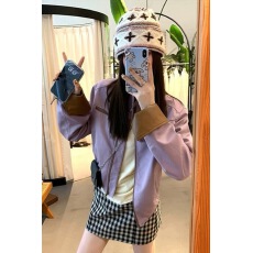 批发高街PU皮拼接立领工装外套女2025秋季新款百搭短款长袖夹克上衣潮