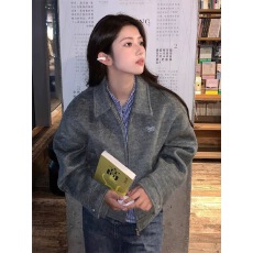 批发美式复古短款灰色毛呢外套女秋季翻领夹克宽松拉链开衫学院风上衣