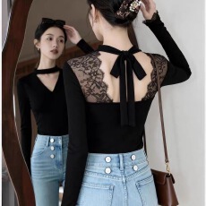 批发秋冬性感甜辣妹露背镂空蕾丝打底衫女内搭<b class='q'>高级</b>感独特绝美长袖上衣