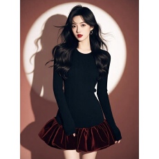 批发法式赫本风富家千金高级感穿搭小个子黑色拼接荷叶边螺纹<b class='q'>连衣裙</b>春