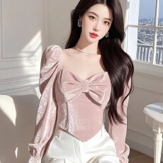 批发粉色<b class='q'>高级</b>感蝴蝶结金丝绒长袖衬衫女春季设计感独特超好看漂亮上衣