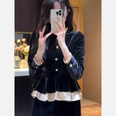 批发法式复古假两件长袖<b class='q'>衬衫</b><b class='q'>外套</b>秋装女2025新款宽松显瘦金丝绒上衣