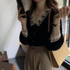 批发<b class='q'>韩国</b>秋装复古法式宫廷风蕾丝拼接V领金丝绒赫本风衬衫泡泡袖上衣